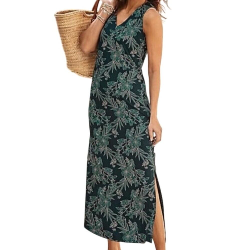 J. Jill Womens Blue Tropical Print Column Sleeveless V-Neck Midi Dress Size XS